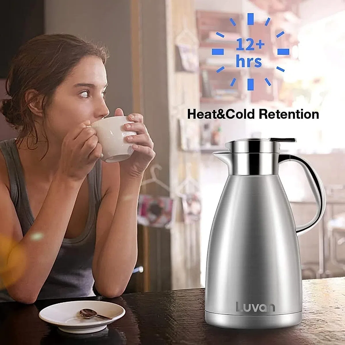 Luvan 1.8L 18/10 Jarra Térmica Termo, Anti-Goteo, Anti-Quemaduras, La cafetera de Aislamiento, café, (Plata-1.8)
