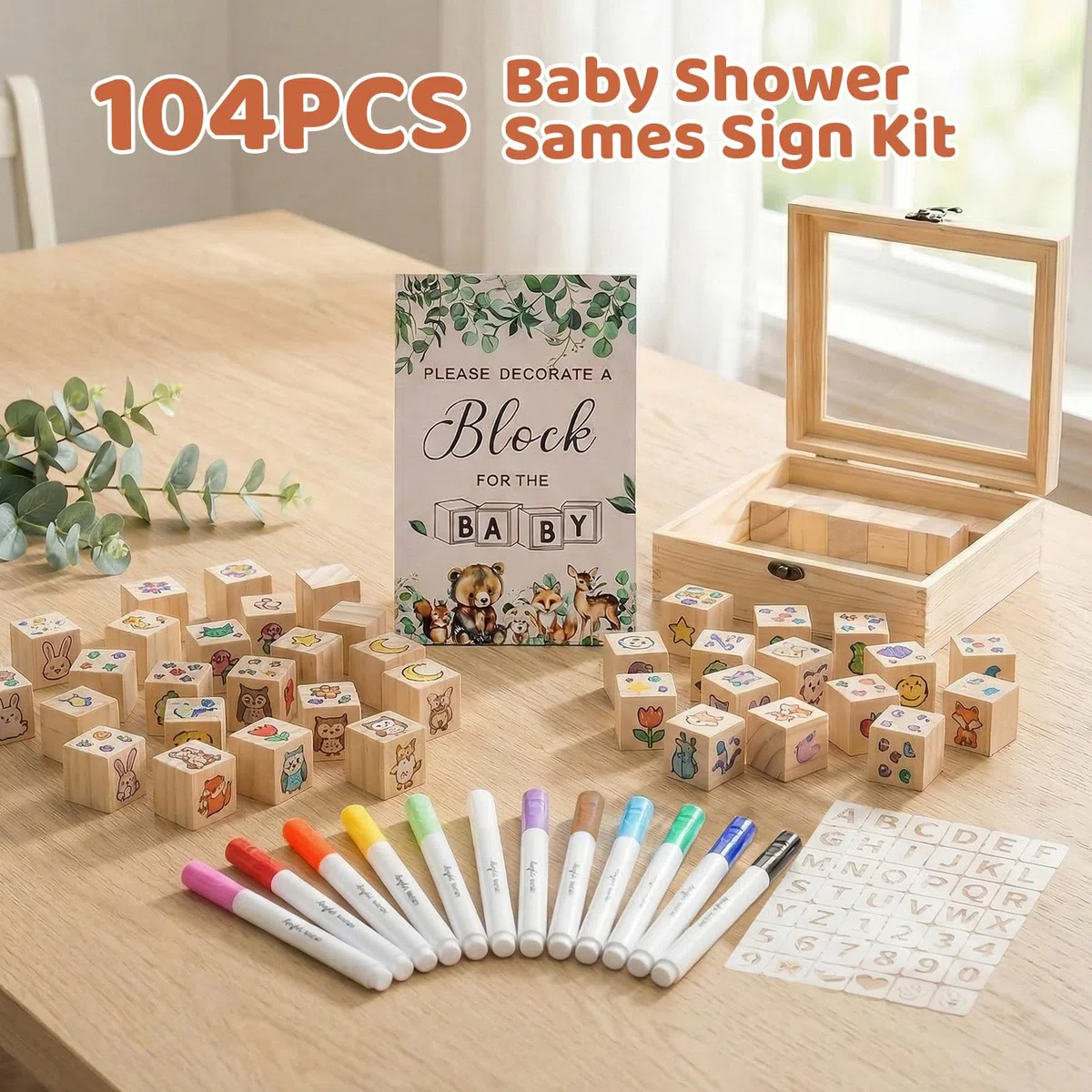 Juego de 104 Letreros para Baby Shower, actividades con bloques de madera, lápices y plantillas, actividad creativa y decoración para invitados, Mini Natural Cubos de Madera Baby Shower