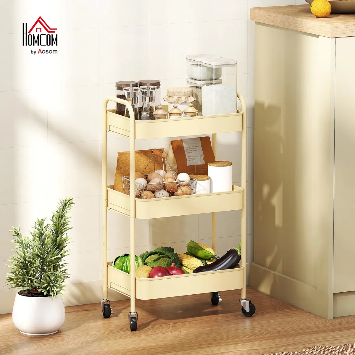 HOMCOM Carrito Auxiliar con Ruedas de 3 Niveles, Carrito de Cocina con 3 Cestas y 2 Asas, para Baño, Dormitorio, Oficina, 45x30,6x79 cm, Amarillo