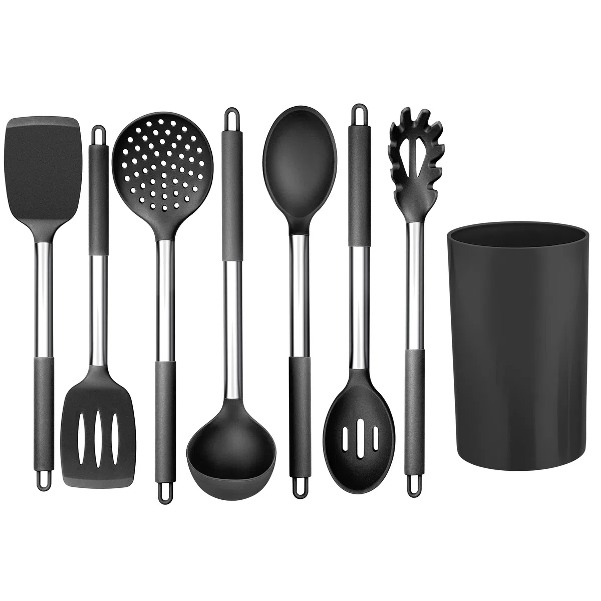 Joyfair - Juego de utensilios de cocina de silicona 8 piezas, mango de acero inoxidable, antiadherente, resistente al calor, con soporte, saludable y duradero