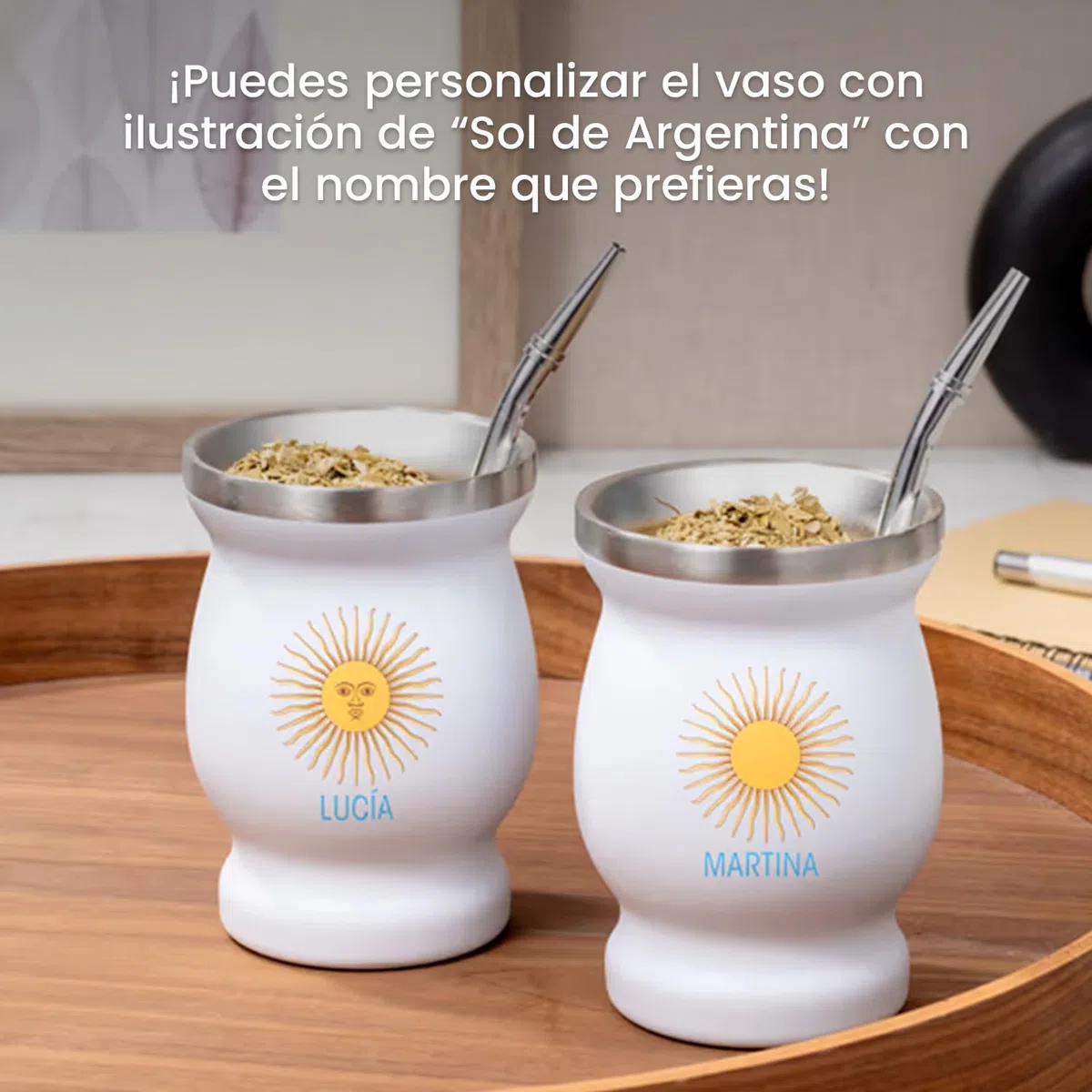 Regalo Original - Kit Mate Argentino de Acero Inoxidable - Calabaza con Ilustración de “El mate de…” Personalizable con Nombre y Color - Vaso 250 ml de Doble Pared, Bombilla y Cepillo