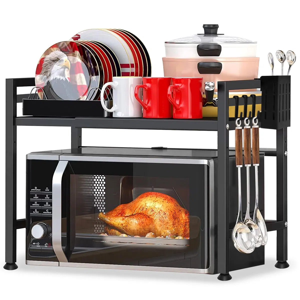 Soporte para Microondas Extensible, Estanteria Microondas de Cocina 2 Niveles, Mueble para Microondas Encimera al Carbono, Estante para Microondas con 8 Ganchos 1 Soporte de Utensilios