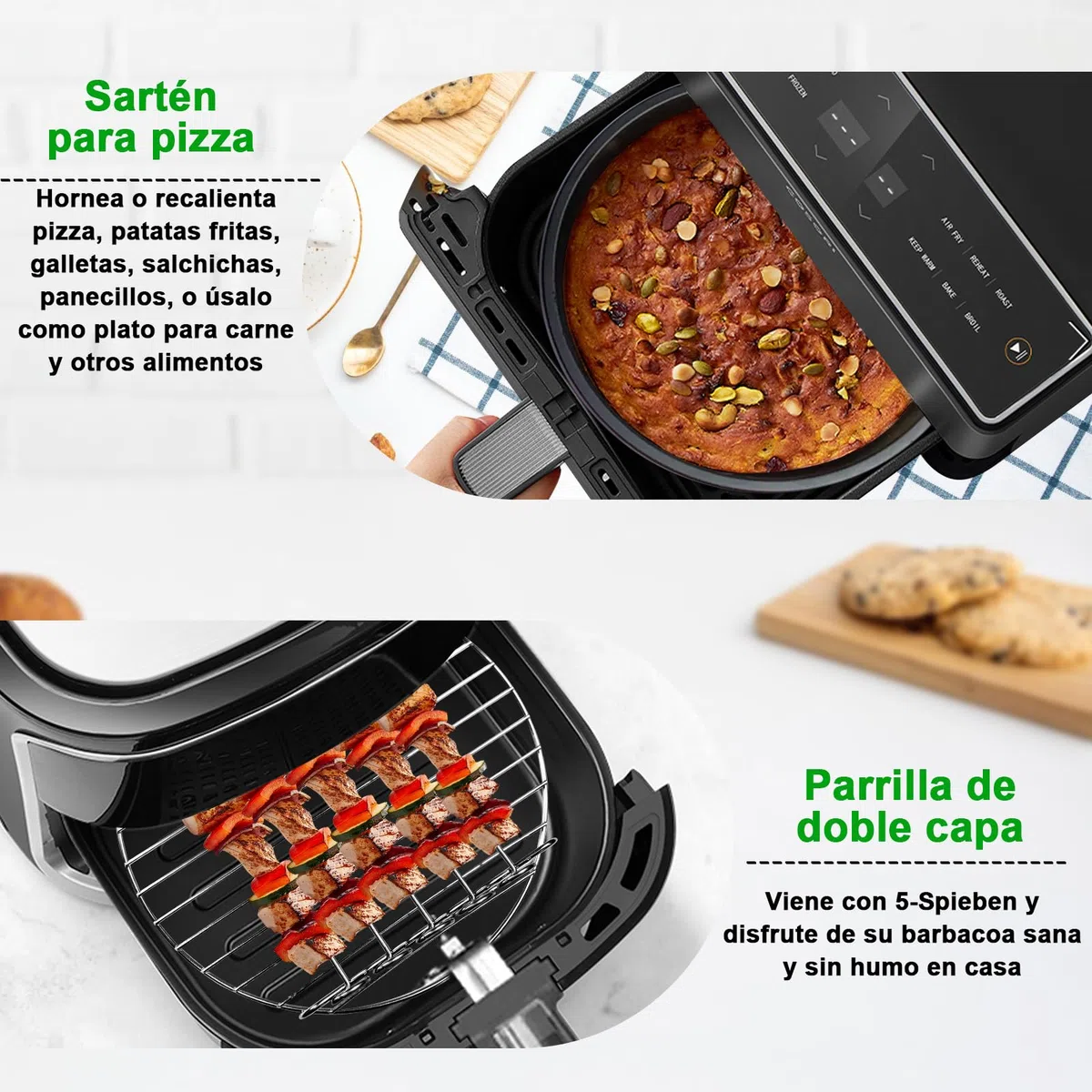 23CM Accesorios Freidora de Aire para COSORI 6L/6,2L/6,4L, Cecotec 7,6L, 4PCS Cuadrado Moldes para Freidora de Aire con Papel, Rejilla Multiusos, Bandeja para Pizza, Molde Silicona Freidora de Aire