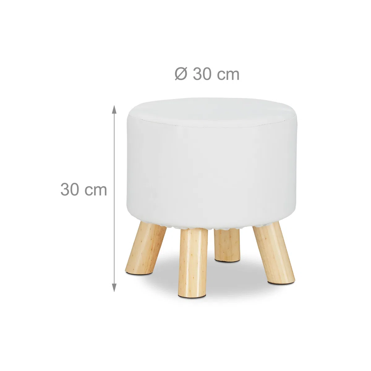 Relaxdays Taburete Bajo de Cuero Sintético con 4 Patas, DM, Madera de Pino y Poliéster, Blanco, 30 x 31 cm