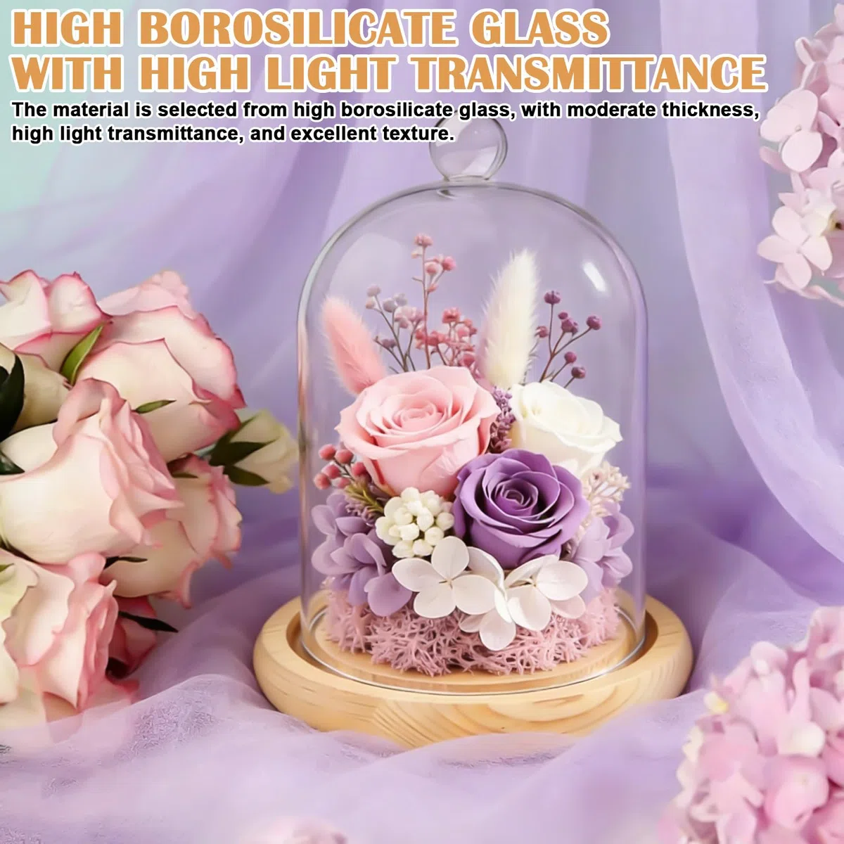 Campana de cristal decorativa con asa, cúpula de cristal transparente de 12 * 18 cm, base de madera amarilla, para guirnaldas luminosas, decoración de mesa y antigüedades, plantas