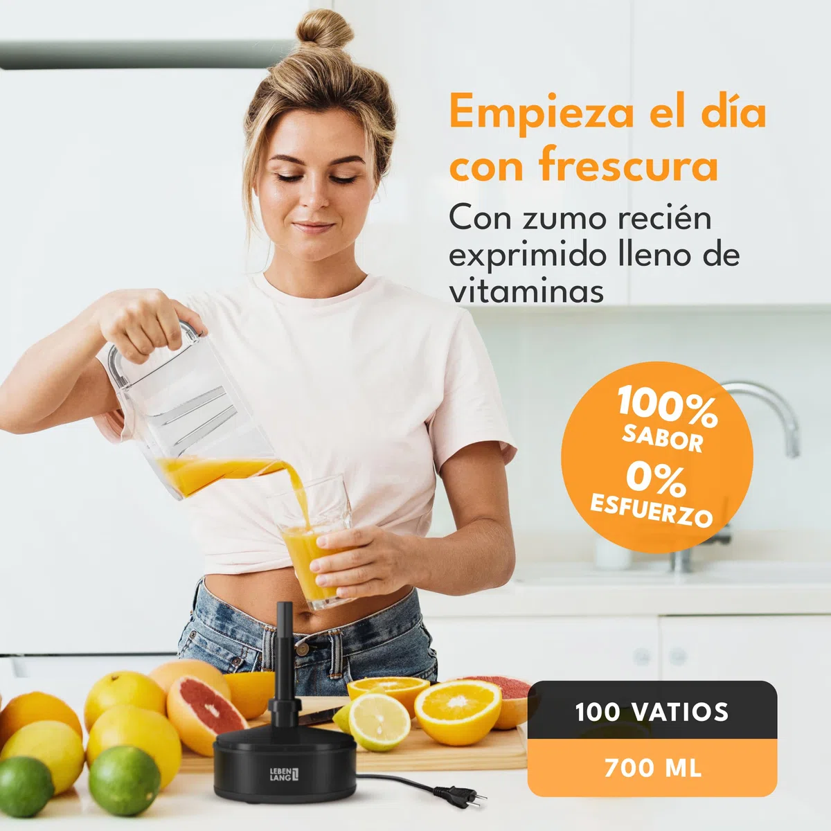 LEBENLANG Exprimidor de naranjas electrico - 2 conos & sin BPA I Alto rendimiento de zumo I 700 ml esprimidores citrinos eléctrico I Esprimidoras zumos pequeño Orange juicer machine