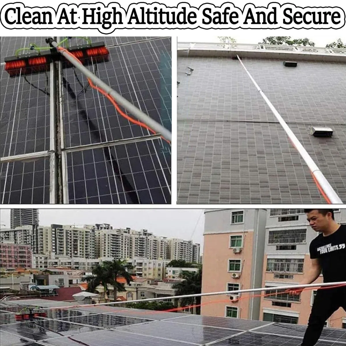 Kit de limpiador de ventanas telescópico, cepillo de limpieza de paneles fotovoltaicos, sistema de poste alimentado por agua, cabezal de cepillo de 35 cm con escobilla de goma, alcance de 12 m para