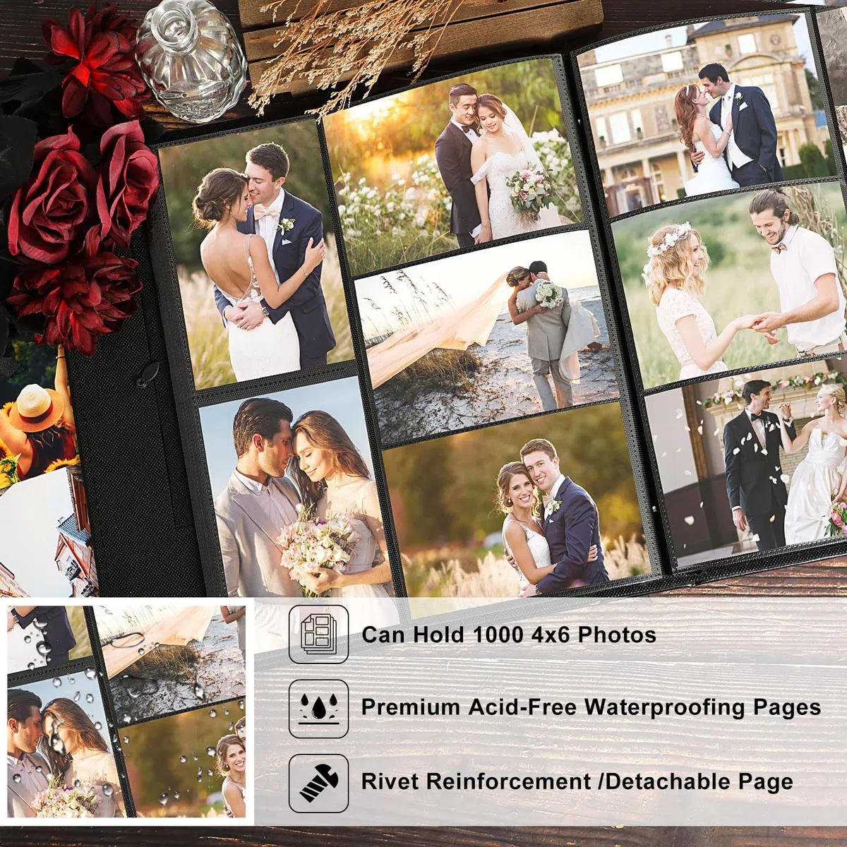 Lanpn Álbum de fotos de boda, 10 x 15 cm, 1000 cm, de lino grande, para colocar en vertical y horizontal, fotos para novios, compromisos, aniversarios, novias, color beige