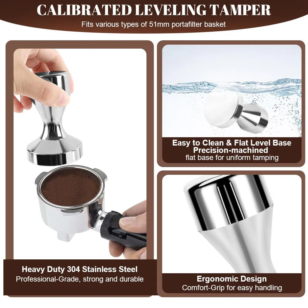 Vicloon Juego Café Tamper, 51mm Prensador Café 304 Acero Inoxidable 23 Piezas Profesional con Jarra de Leche 350 ml Agitador Aguja Plantillas Lápiz para Arte Latte Cuchara Toalla de Barista Tapete