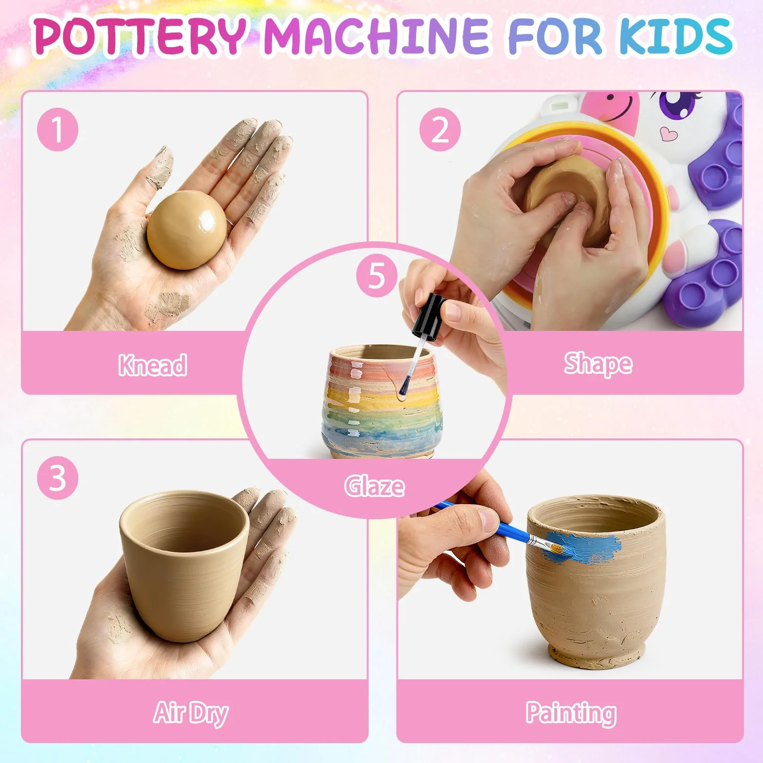 Kit de Cerámica Juguete para Niños de 6 a 10 Años, Torno de Alfarería Eléctrico con Arcilla de Secado al Aire, Pedal Independiente y Herramientas, Juego de Manualidades para Niña, Regalo Educativo