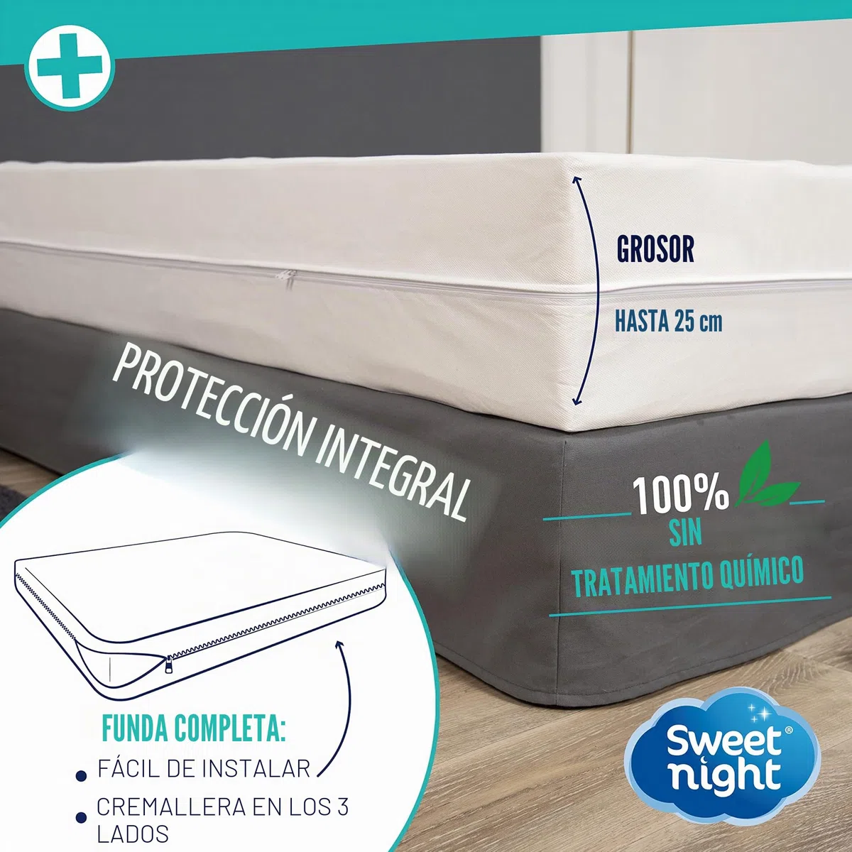 Sweetnight - Funda de colchón Completa 150x200 cm | Anti-Chinches y Anti-ácaros | Protege Completamente tu colchón | Silencioso | Cremallera | Sin Tratamiento químico | Espesor de hasta 25 cm
