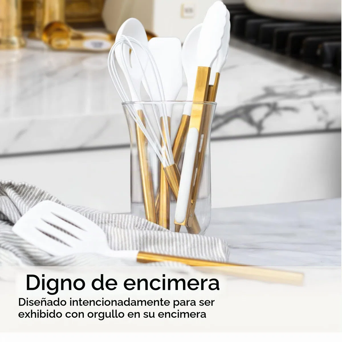Styled Settings White and Gold - Juego de utensilios de cocina de silicona de 6 piezas con espátula, batidor, pinzas, cuchara y volteador, antiadherentes, sin BPA, accesorios de cocina dorados