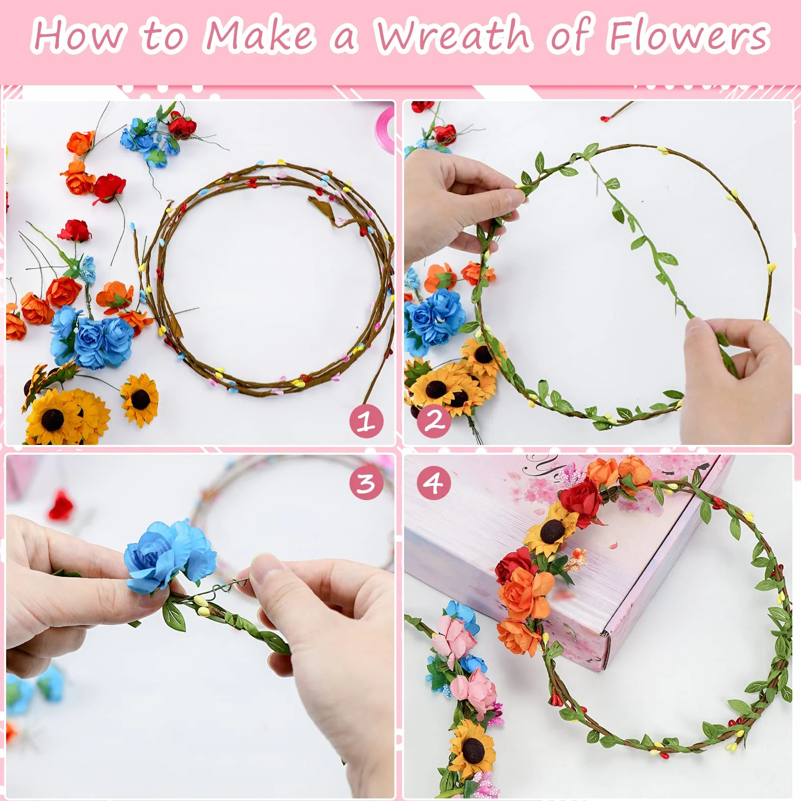 Meetory Corona de flores para niños, decoración para el cabello, kit de manualidades para niños, cumpleaños infantiles, accesorios para el cabello, fiesta de boda/vacaciones/cumpleaños