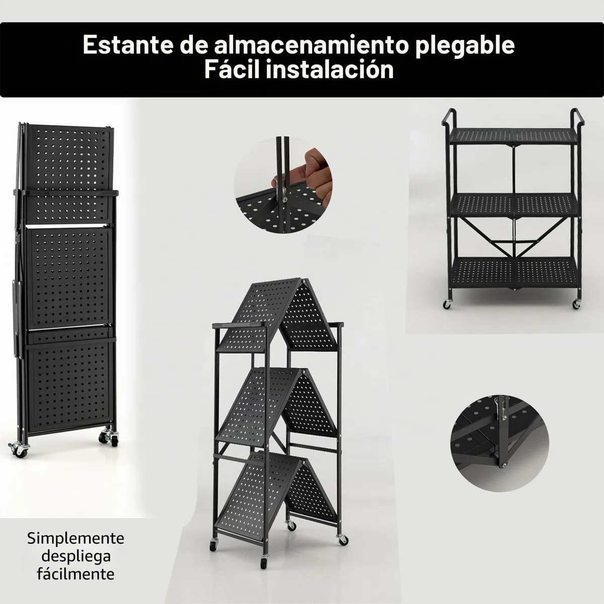 KOMFOTTEU Carrito de Cocina Plegable de 3 Niveles, Carro Auxiliar de Metal, Estantería para Microondas con Ruedas, Carro de Servicio, Carro de Almacenaje para Salón, Pasillo, 73 x 33 x 94 cm, Negro