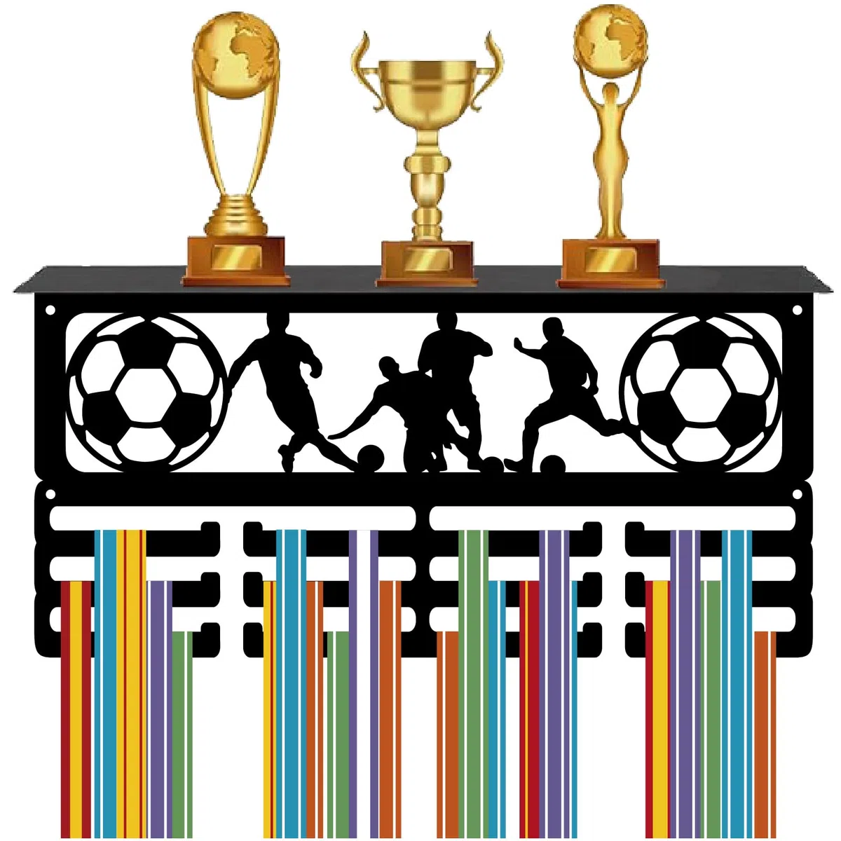 CREATCABIN Estante de Exhibición de Trofeos con Soporte para Medallas de Fútbol con 12 Gancho, Colgador de Medallas de Metal de Fútbol para Montaje En Pared con Capacidad para 60 o Más Medallas