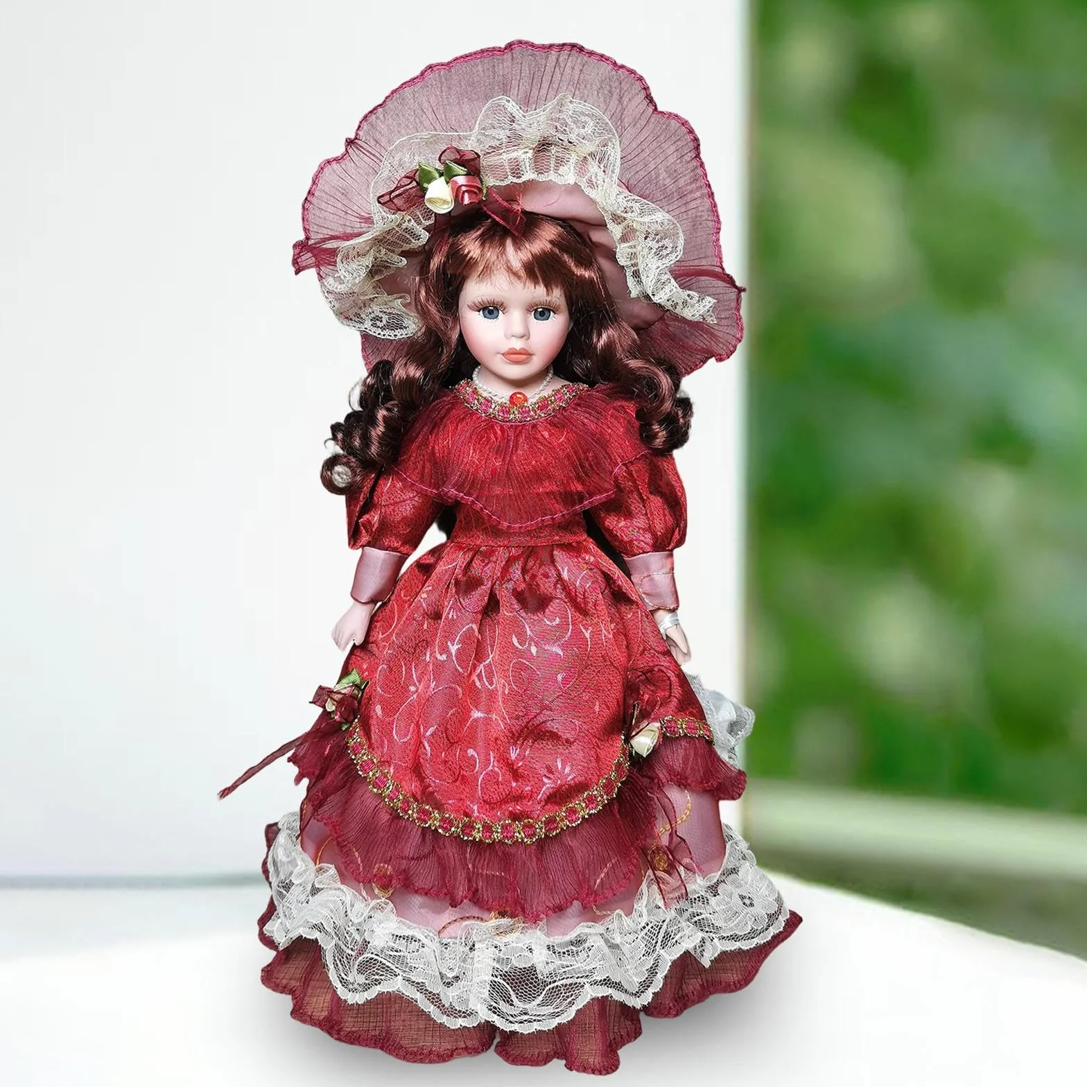 Muñeca de Elegante Figura Decorativa Miniatura con Vestido Antiguo y Sombrero Detallado Mujer Artesanía Adecuada para Regalar Cumpleaños, Burdeos, Individual