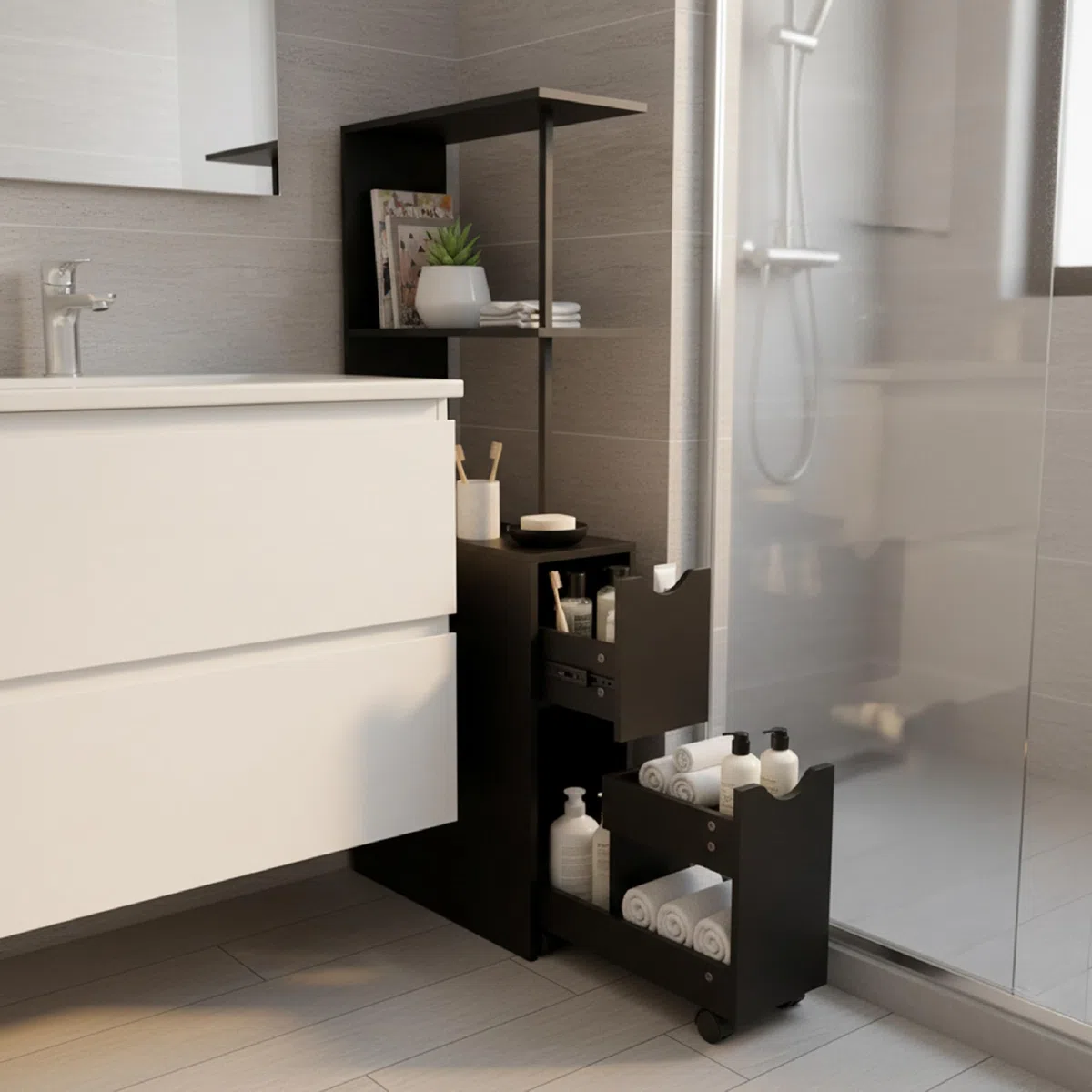 Baroni Home Columna de baño que ahorra espacio, mueble alto con estantes abiertos y cajones, multiusos, columna moderna para baño, cocina y dormitorio, 30 x 30 x 180 cm, 3 estantes y 2 cajones, color