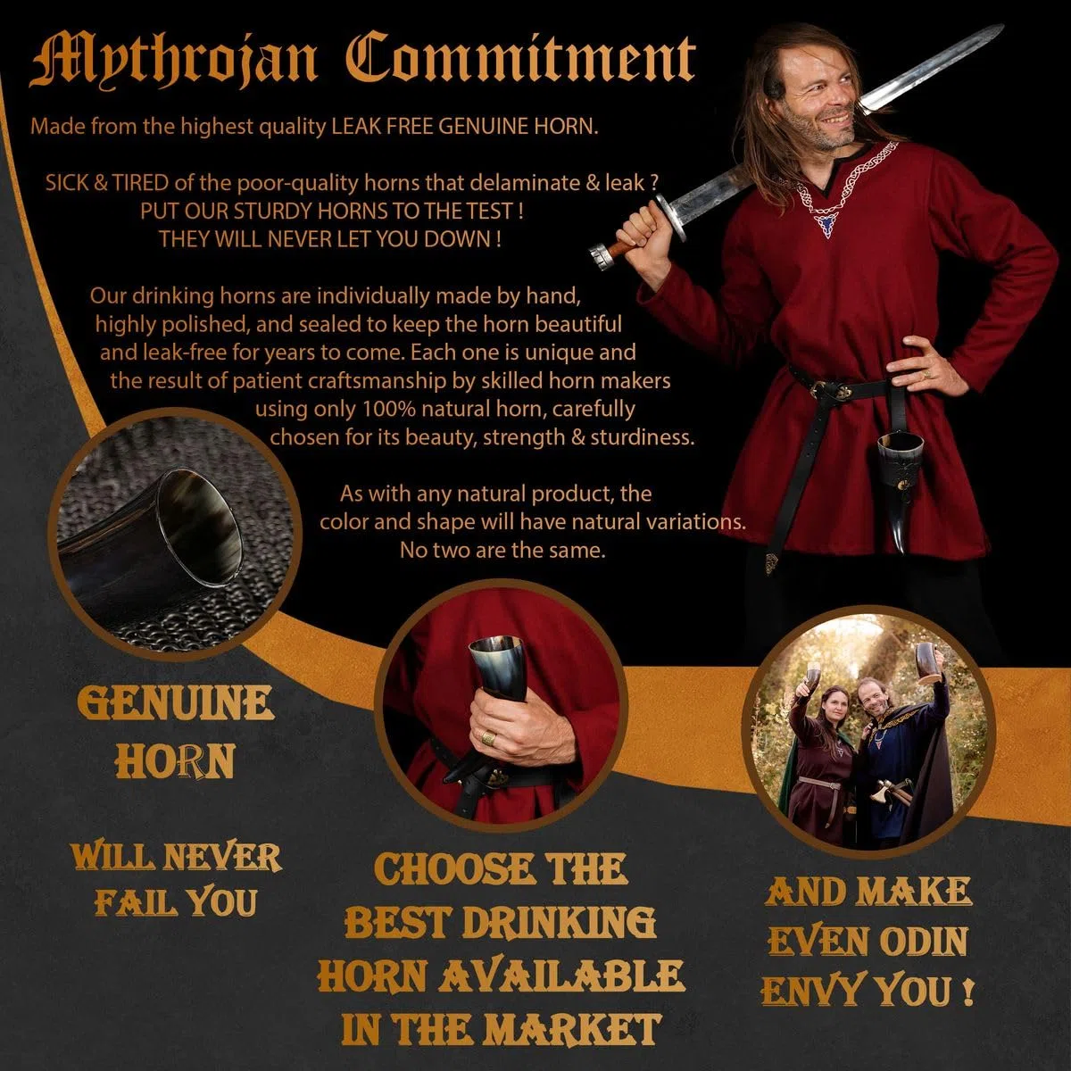 Mythrojan Cuerno vikingo para beber cerveza medieval negro auténtico con correa, taza de cerveza nórdica vikinga, 250 ml, réplica de 226.8 g