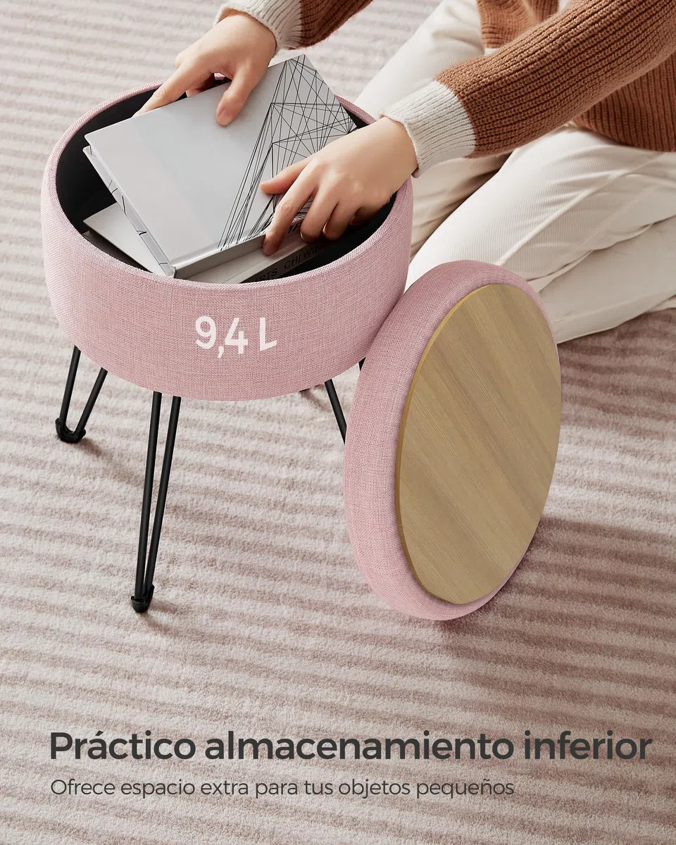 SONGMICS Puff Almacenaje, Baul Almacenaje, Banco Almacenaje Redondo, Taburete de Tocador, 39 x 44,1 cm, 4 Patas de Metal, Asiento Acolchado, Rosa Jalea LOM002R01