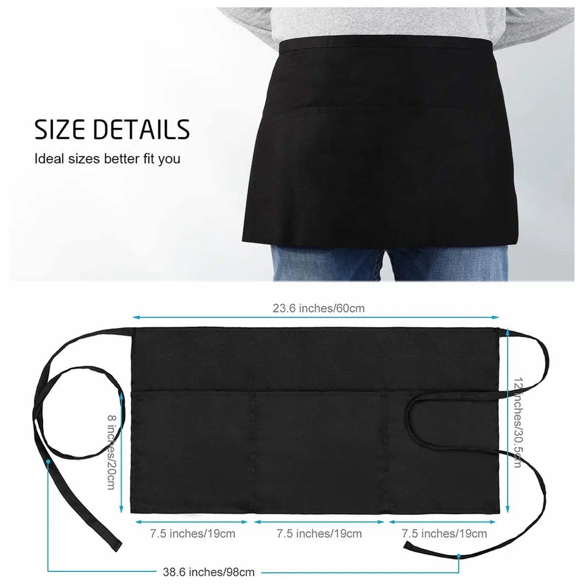 Tosewever Delantales de camarero con 3 bolsillos, delantal de cintura para camarera para mujeres y hombres, restaurante, hogar, color negro, medio delantal