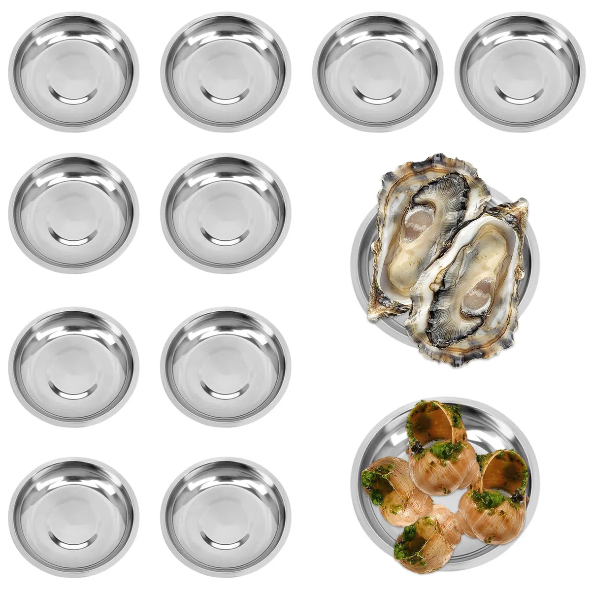 10 platos de acero inoxidable, platos de mariscos, cuencos para salsas, camping, metal, durabilidad para porciones de caracoles, ostras, salsa de soja, etc. (12 cm)