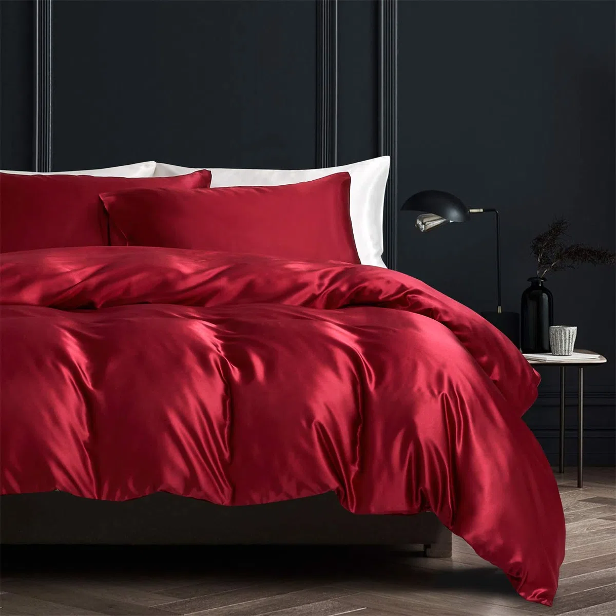 Funda de edredón de satén (220 x 240 cm), color rojo liso y brillante, juego de cama de satén suave, seda suave, ropa de cama para 2 personas adultas con cremallera y fundas de almohada de