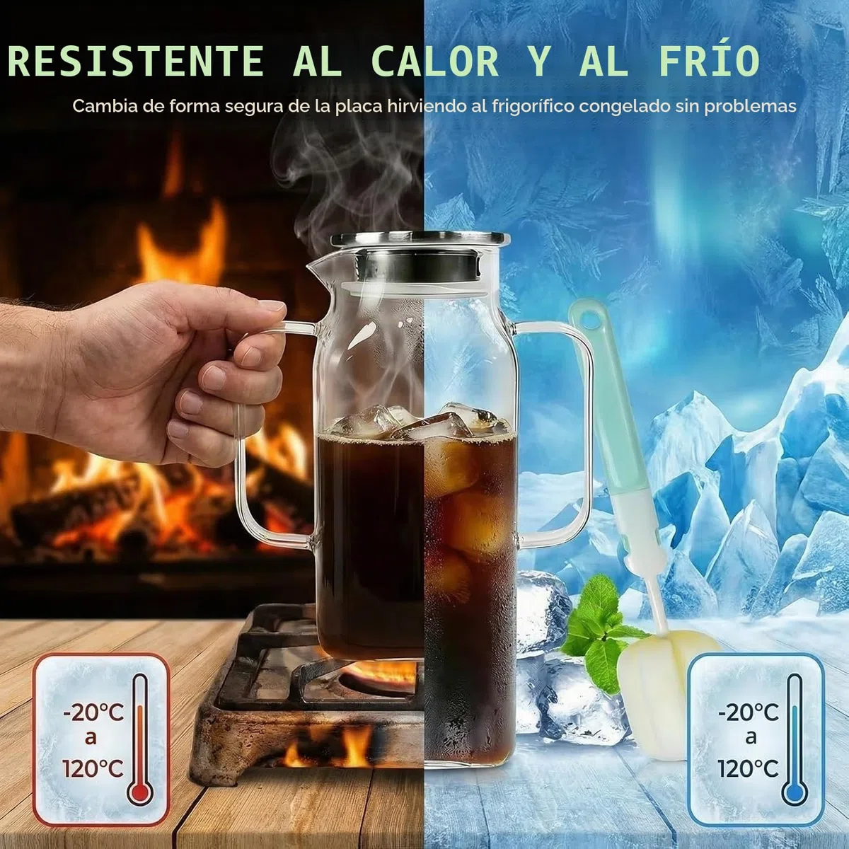 Jarra Agua Cristal Cuadrada con Tapa 2 Litros botella cristal de Borosilicato para Jugo, Agua Nevera y Frigorífico Jarra de Agua Vidrio 2L con Doble Vertido y Mango, 27,2x9,5cm + un Cepillo