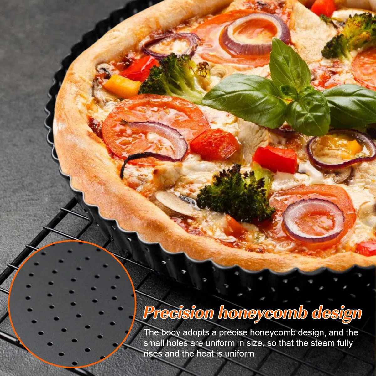 Molde para quiche de 9 pulgadas con base extraíble, bandeja para hornear pizza, molde redondo para tarta con revestimiento antiadherente y orificios de ventilación, moldes para quiche - negro