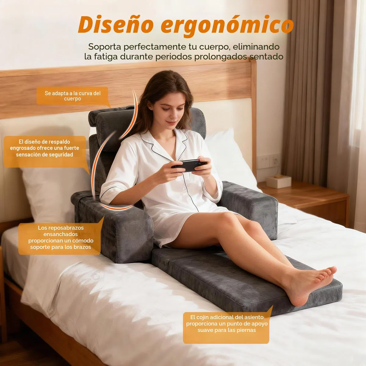 Cojín grande de lectura con reposacabezas y reposabrazos extraíbles, hueso de lectura para adultos con funda lavable de fibras largas, cojín ergonómico para respaldo de respaldo para leer