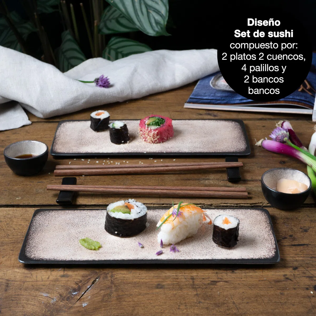 Moritz & Moritz Vajilla Sushi - Platos Sushi Ceramica - Plates Set 10 Piezas para 2 Personas - Plato Sushi con Palillos Soporte de Palillos Cuencos para Wasabi
