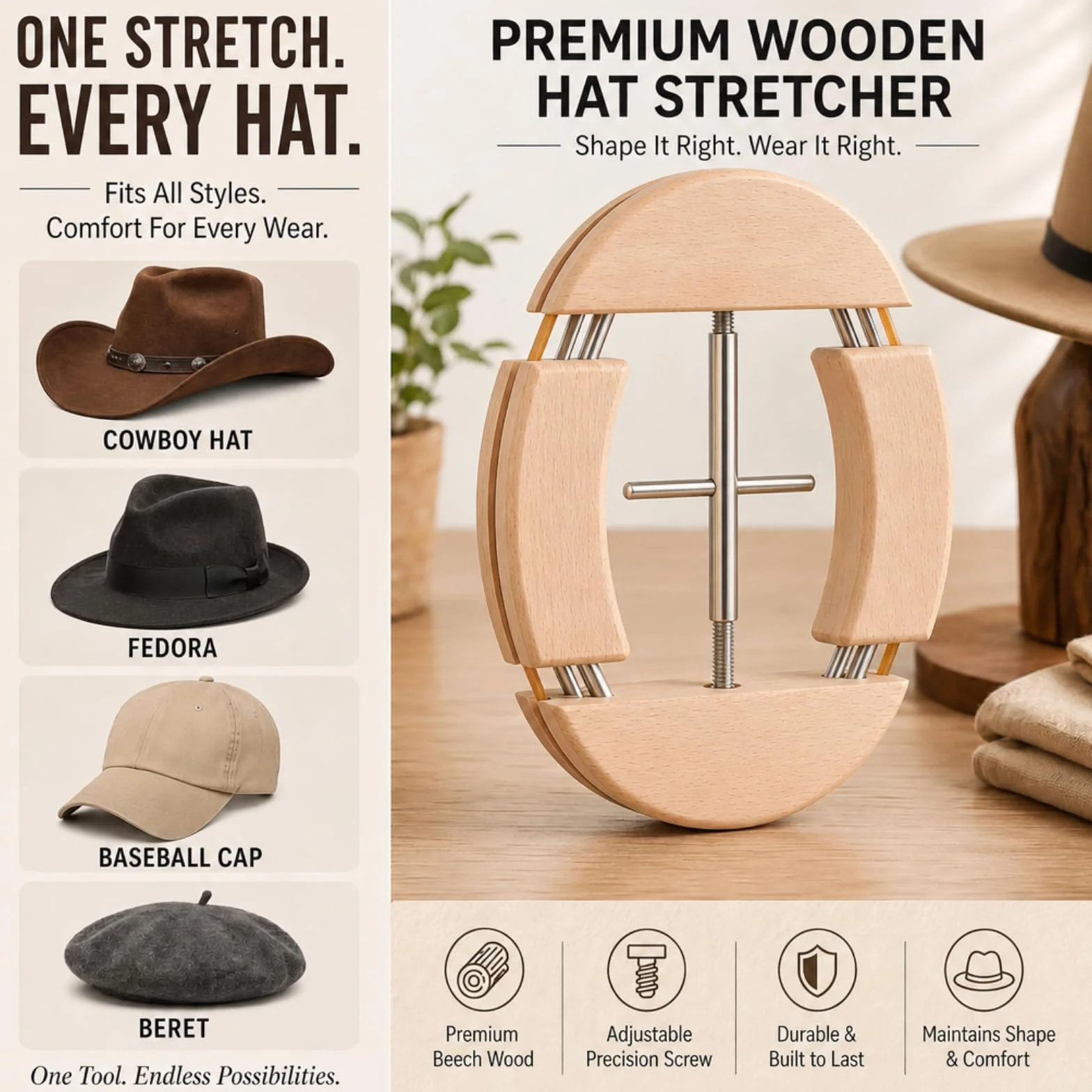 Tensor de sombrero, tensor de sombreros de madera de cuatro lados, soporte para sombreros de madera natural, sombrero de fedor de vaquero, ajustable en anchura al sombrero, adecuado para gorras