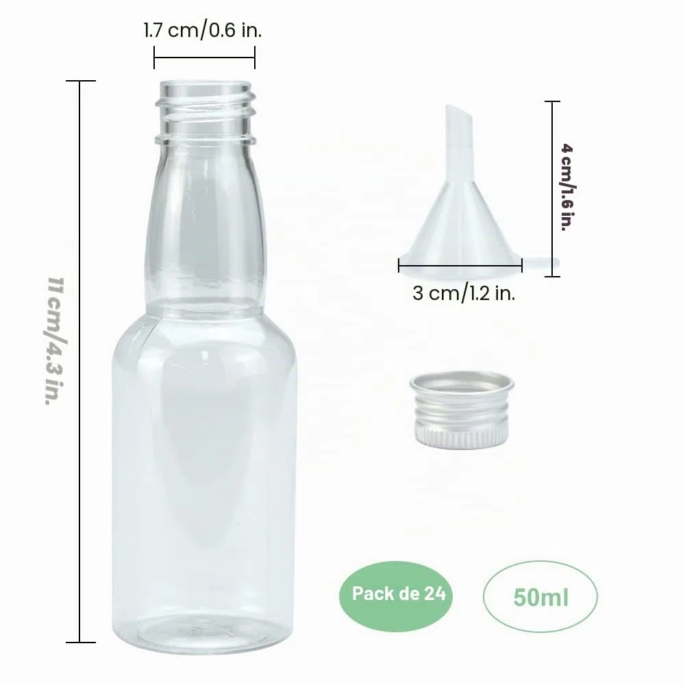 24 PCS Botellas Vacías para Licor 50ml Botellas de Plástico Vacías para Licor con Tapa Botella de Vino Pequeña Vacia Reutilizables con 1 Embudo Mini Botella para Bodas para Leche Zumo Aceite