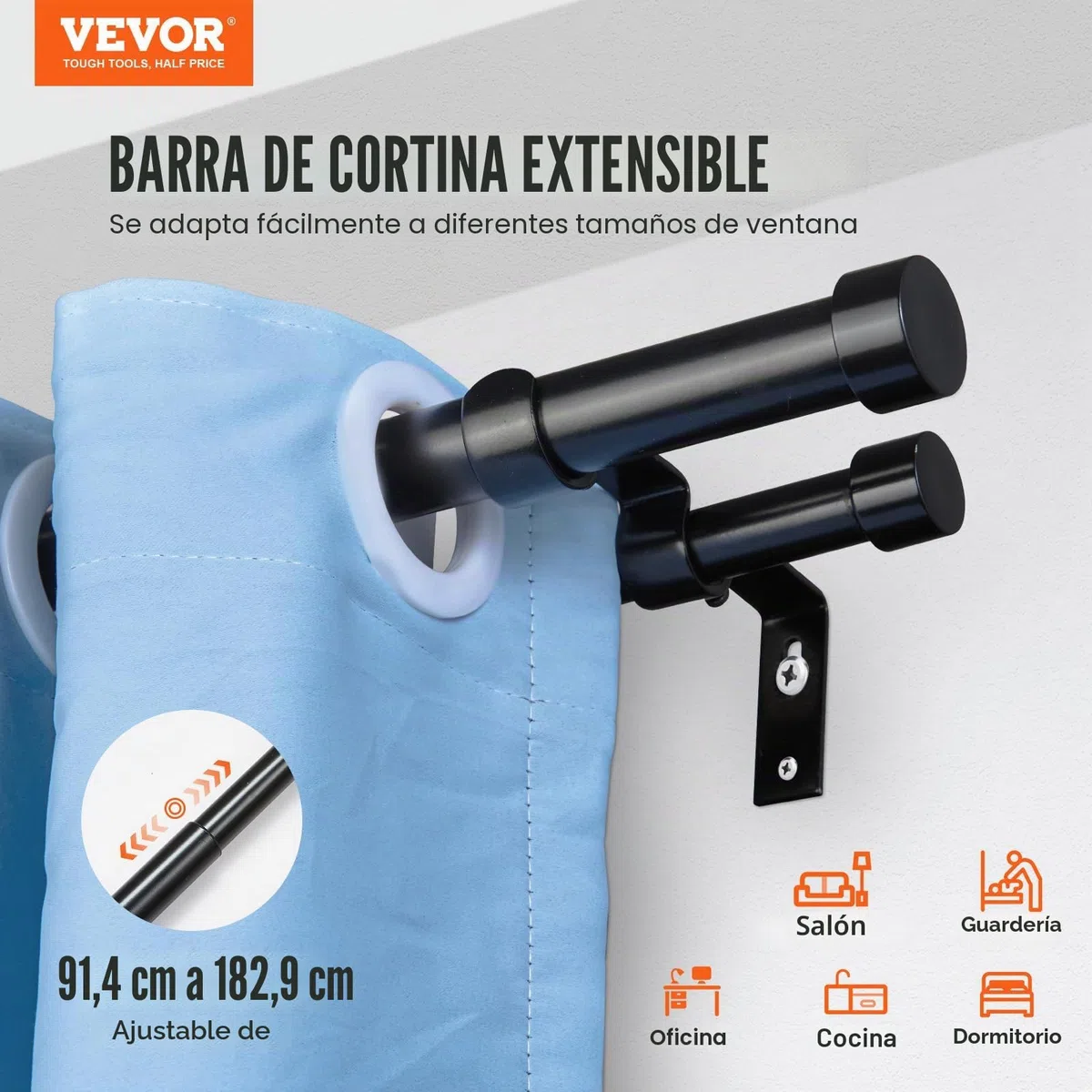 VEVOR Barra de Cortina Doble Barra de Cortina Extensible 92-183 cm con Tapas de Extremo Hierro Robusto Carga 13,6 kg para Colgar Cortinas Opacas y Ventanas Transparentes Sala de Estar Baño Dormitorio