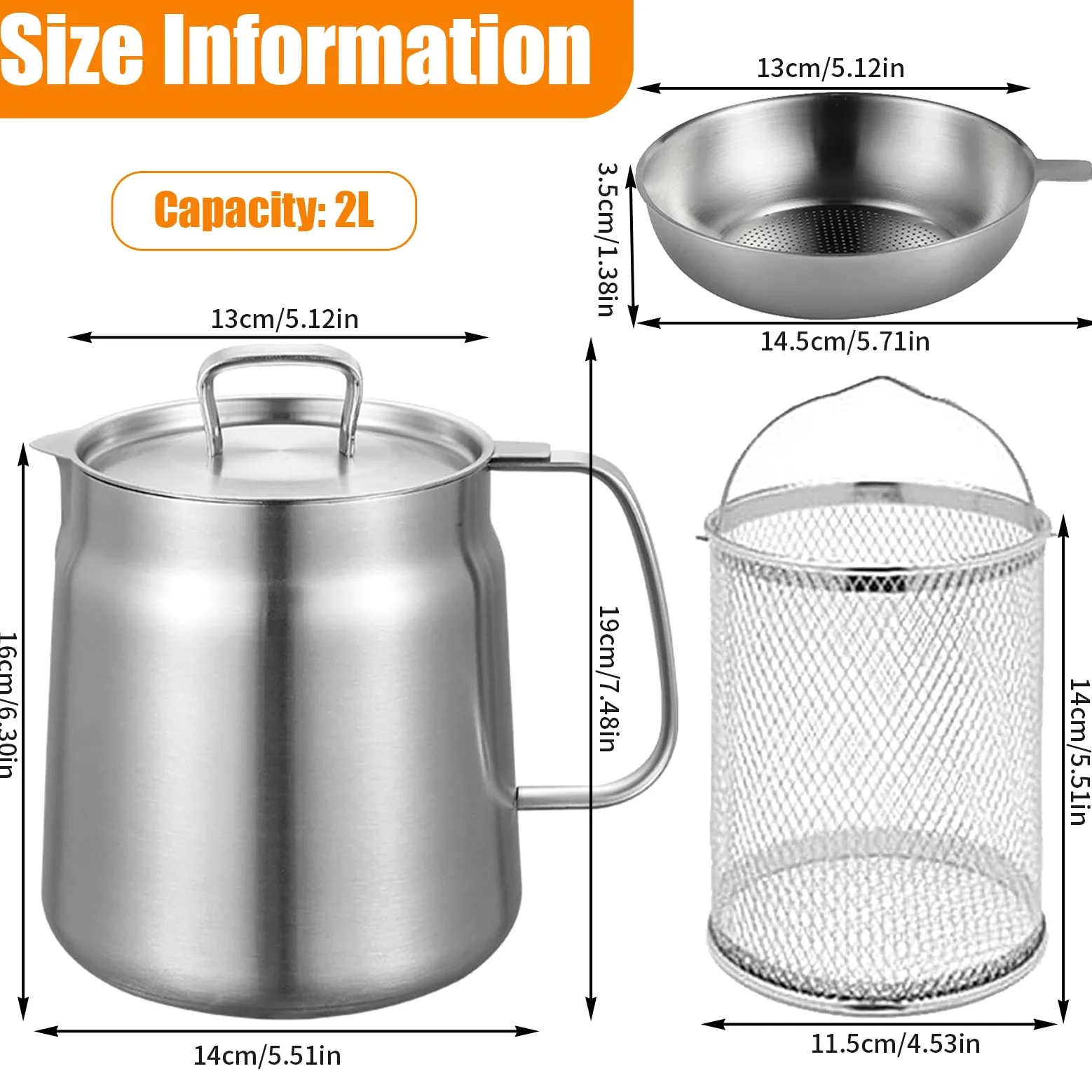 Freidora Acero Inoxidable con Filtro Malla Fina & Cesta, Olla Colador Versátil Tapa Polvo Prueba & Engrasadores, Recipiente Cocina Aceite Capacidad Gran para Grasa, Freír, Cocinar Almacenar (2 L)