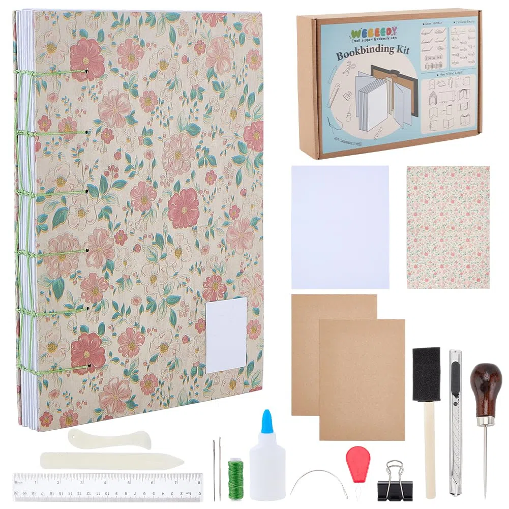 WEBEEDY Kit de encuadernación copta para principiantes, juego completo para hacer un cuaderno A5 con cubierta de flores, papel A4, herramientas hechas a mano
