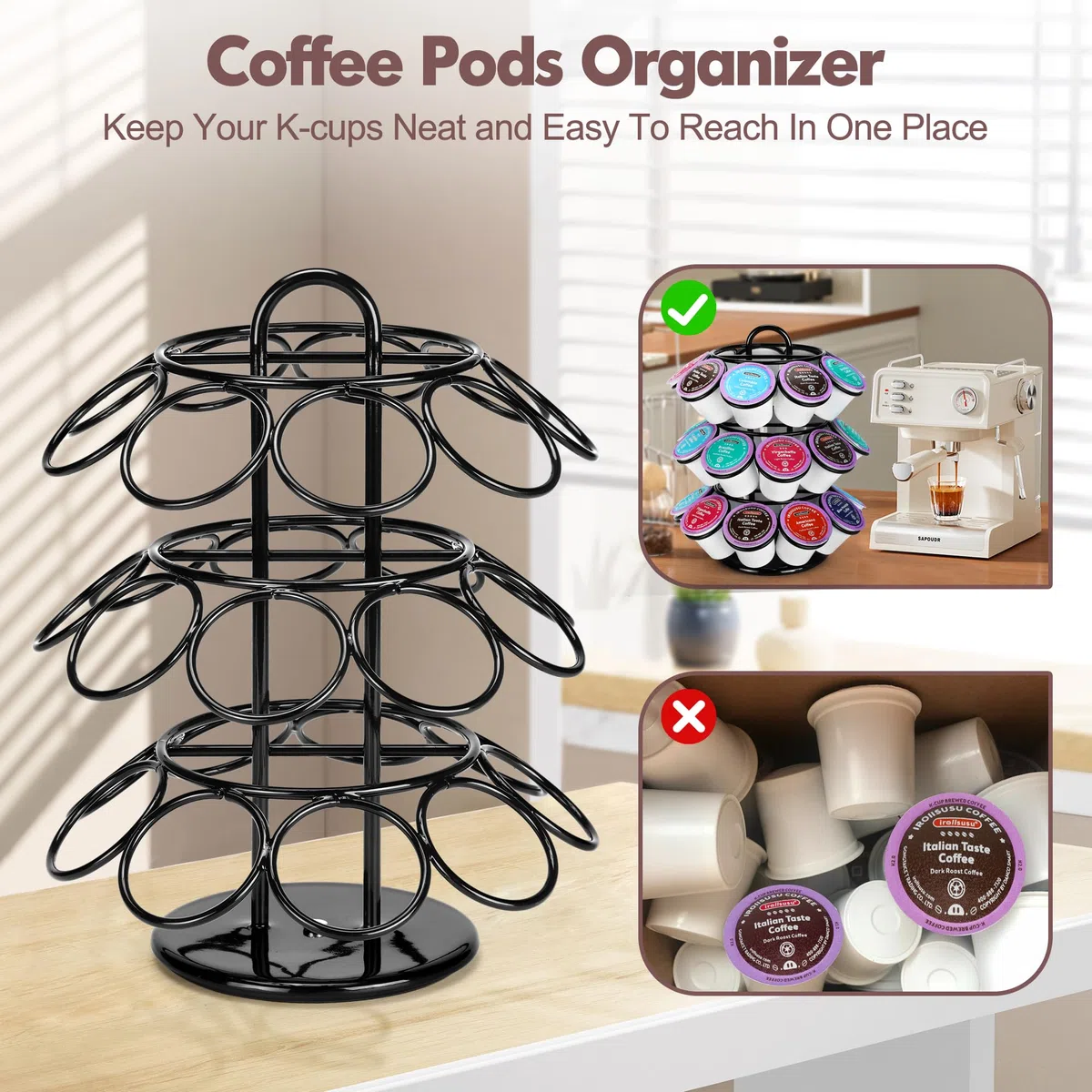 ROWISE Soporte para cápsulas de café, soportes para tazas K, carrusel de cápsulas de café de 3 niveles compatible con tazas K (27 cápsulas), gira 360 grados, diseño negro moderno