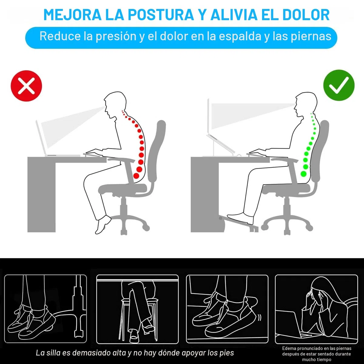 Reposapies de Oficina, Reposapiés Ergonómico para Escritorio con Función de Masaje, 6 Reposapiés de Altura Ajustable Antideslizantes para Oficina