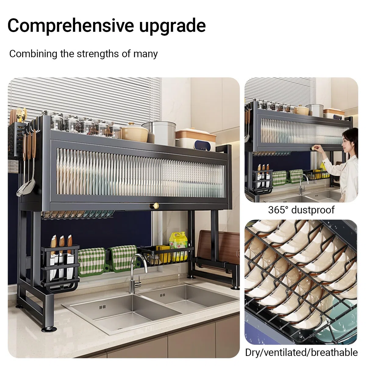 Escurridor de platos, organizador de cocina de 2 niveles con cubierta para platos, vasos, cuencos y cubiertos, diseño que ahorra espacio