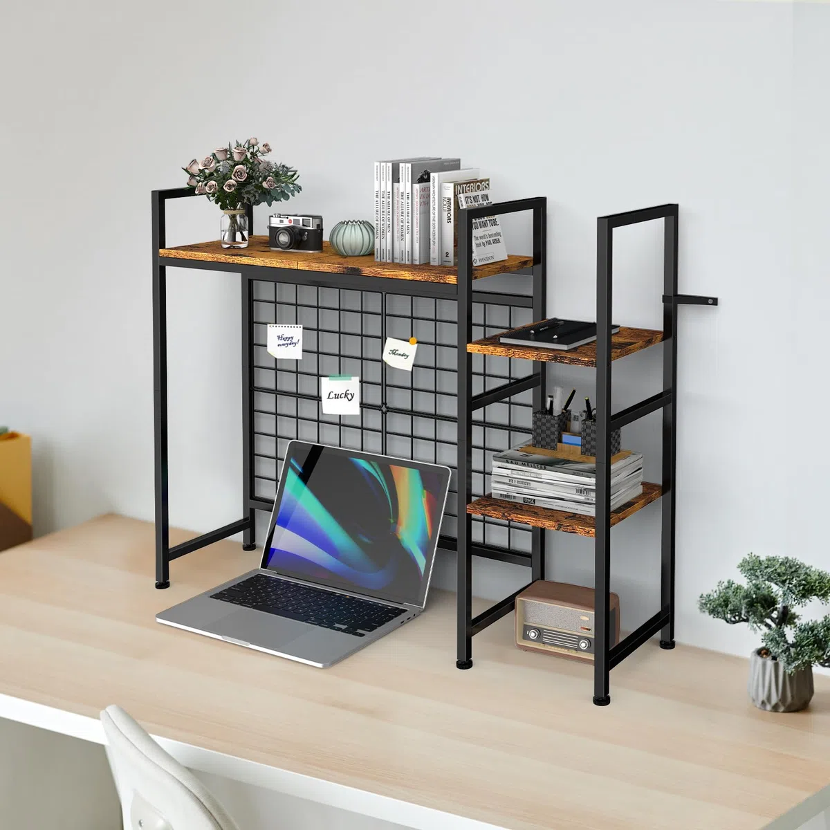 YBING Estantería de escritorio, estantería de libros, estantería de mesa con 4 estantes y compartimento abierto, estante de escritorio para ordenador, estantería multifuncional de madera para el hogar