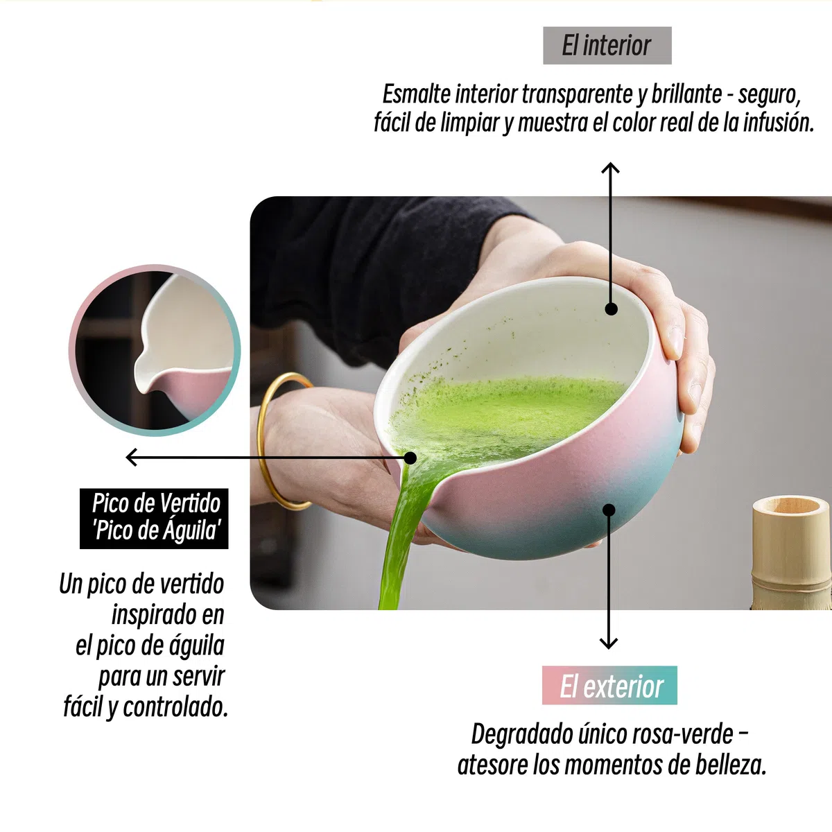 TEANAGOO Tazón de Cerámica Japonesa Matcha con Batidor,18 OZ.K11,Verde Rosa Degradado,Tazón de Té Matcha Chawan,Tazón de Cerámica Matcha,Tazones de Té para...
