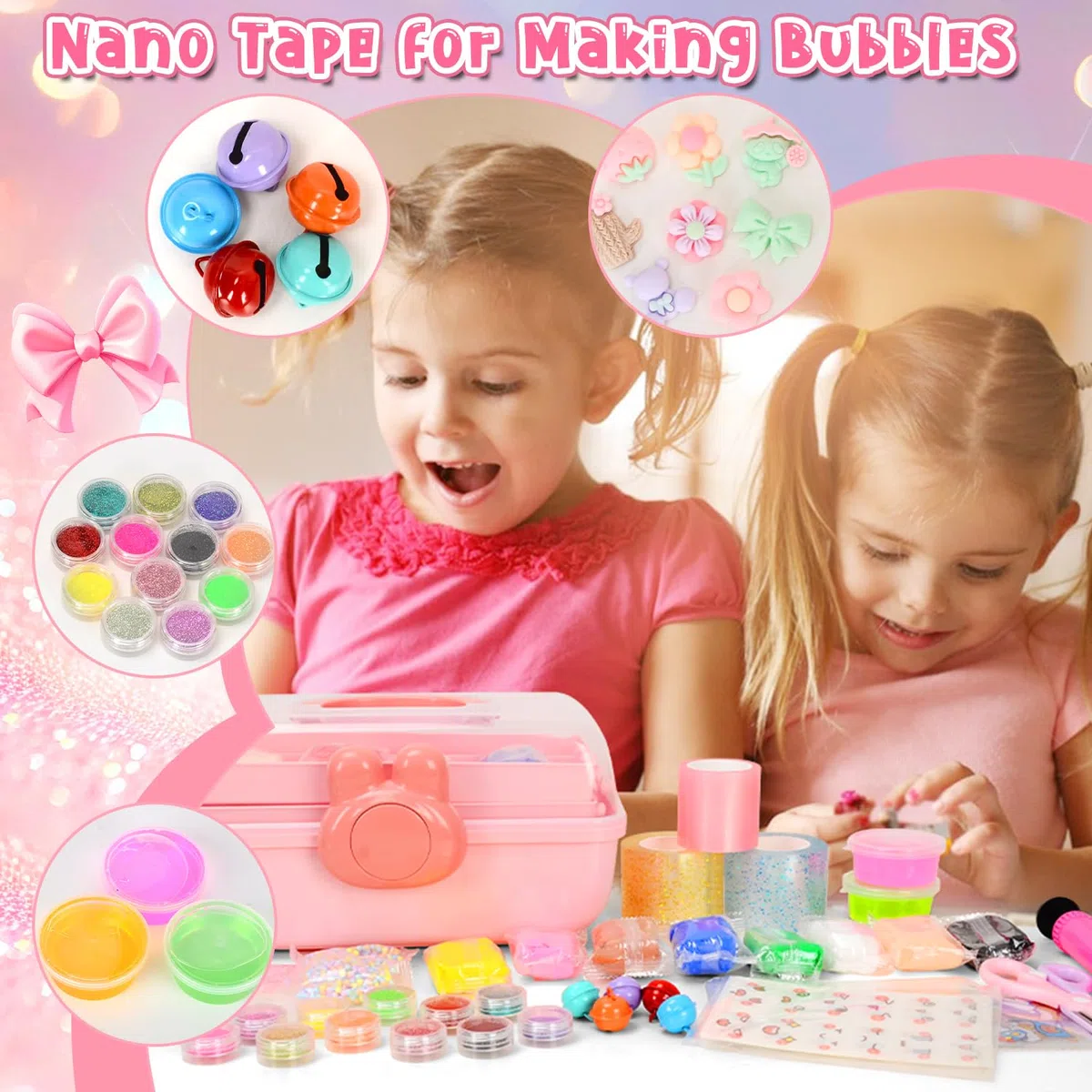 VICTERR Cinta Nano Tape Burbujas, 6 Piezas Nano Tape Bubble Kit de Manualidades Niños con Arcilla, Polvo de Purpurina, Pegatinas, Creativo Juego Niño Niña Regalos Cumpleaños Navidad