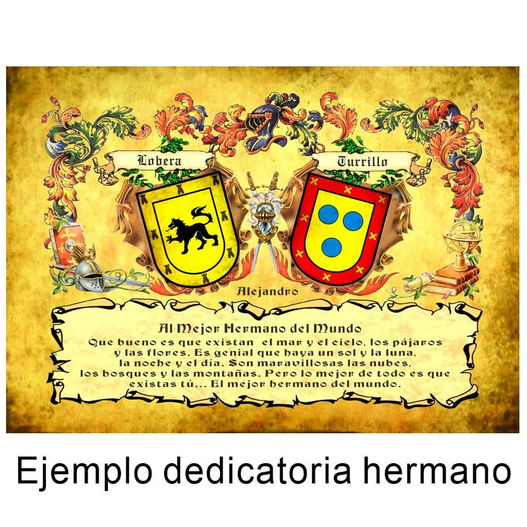 Heráldica de 2 apellidos y dedicatoria con texto personalizado por el cliente, impreso en papel fondo tipo pergamino en tamaño DIN A-3