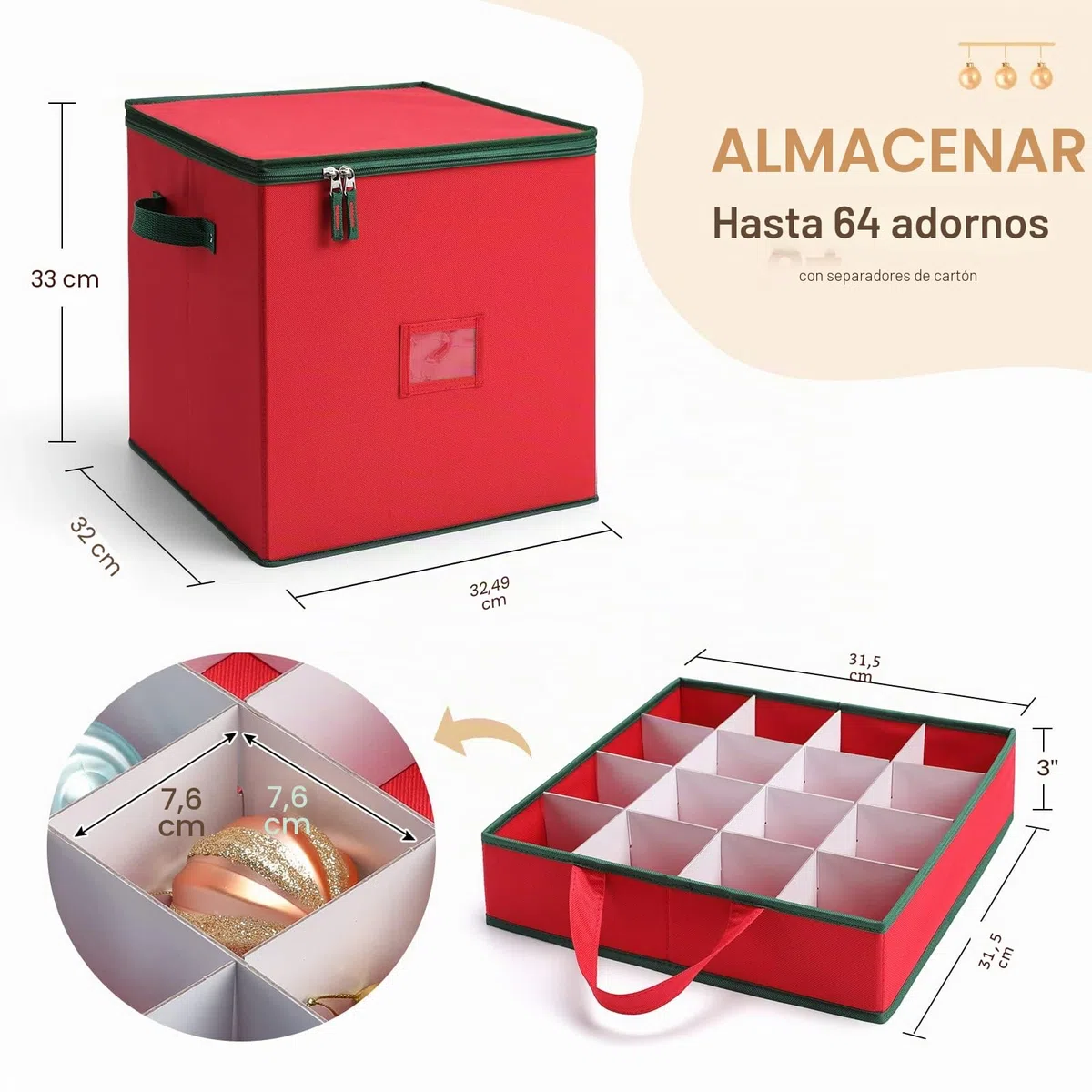 MaidMAX Caja de Almacenamiento de Bolas de Navidad, Bolsa de Almacenamiento para Decoraciones de árbol de Navidad, 4 Niveles Extraíbles con Asas, 64 Bolsas de Caja de Bolas, 32x32,5x33cm