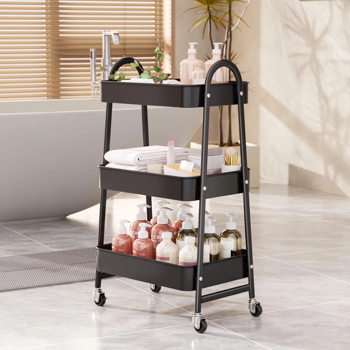 Carrito de Almacenamiento de Metal, Carro de Cocina Metalico con Ruedas, Carrito Auxiliar Multiuso 3 Niveles, Ideal para Frutas, Verduras, Cocina, Salón, Blanco