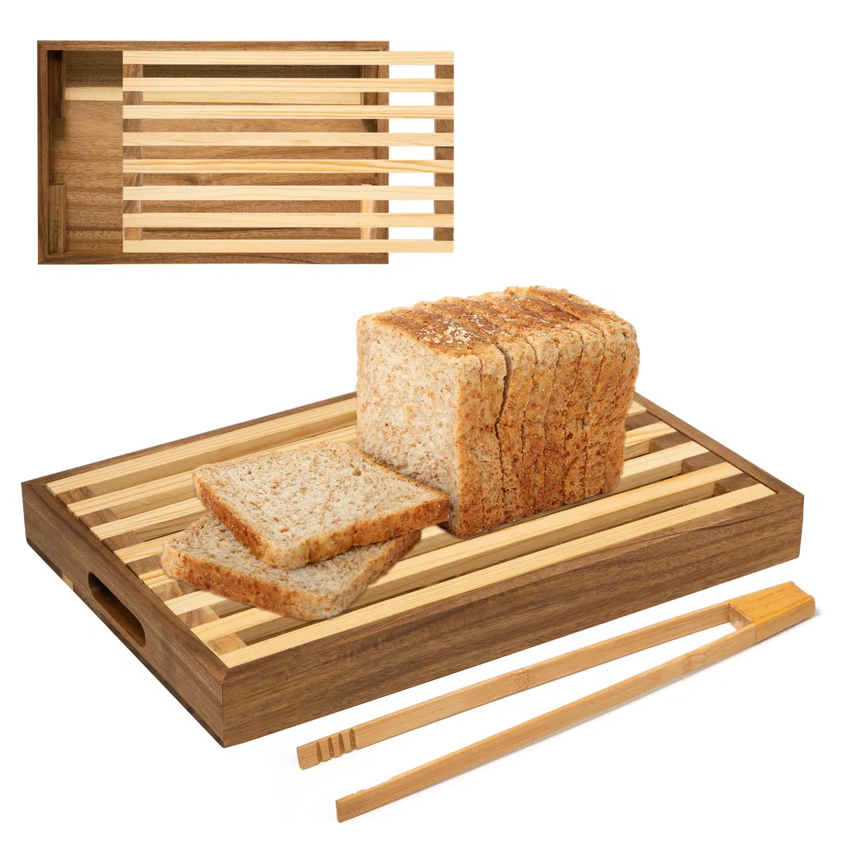 Tabla de Cortar Pan de Madera para Cocina con Bandeja Recogemigas, Pinzas de Madera Tabla Para Cortar Pan con Rejilla Extraíble Tabla Pan Madera Tabla para Cortar el Pan(36.5x24x4cm)