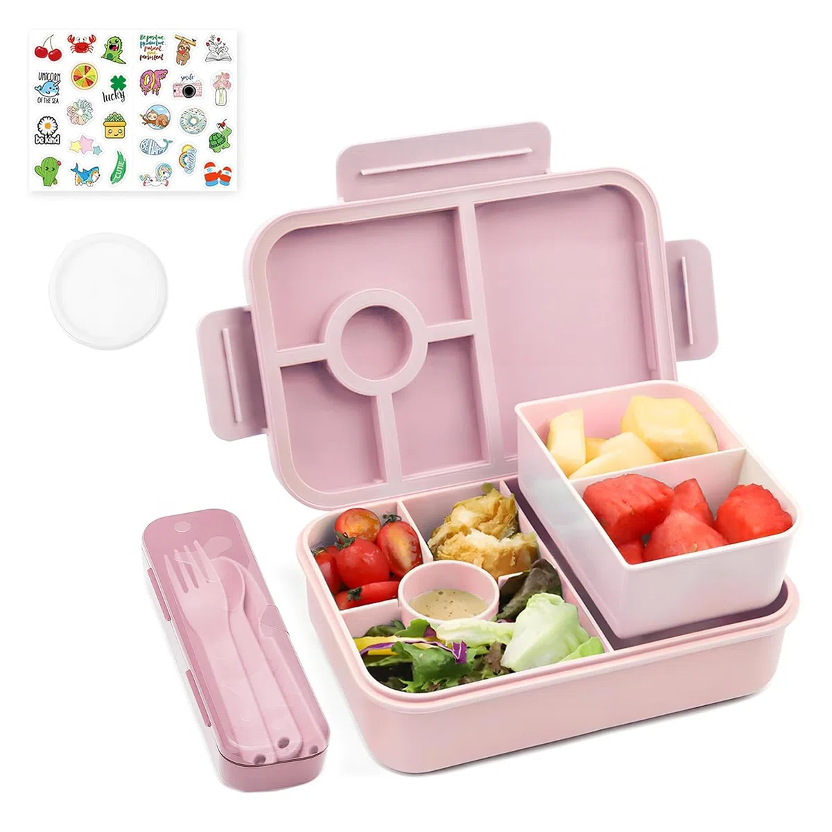 Bugucat Fiambrera 1300ML 3PCS, Bento Box Fiambrera Infantil con 5+2 Compartimentos y Cubiertos, Lunch Box Hermetico Fiambreras para Adultos Niños, Loncheras Ideal Para,Picnic,Trabajo,Púrpura,Rose