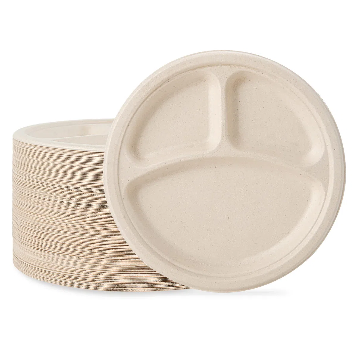 ECOLipak Paquete de 125 platos desechables de 3 compartimentos, platos de papel compostables de 10 pulgadas, platos de papel biodegradables resistentes hechos de fibras de caña de azúcar ecológicas