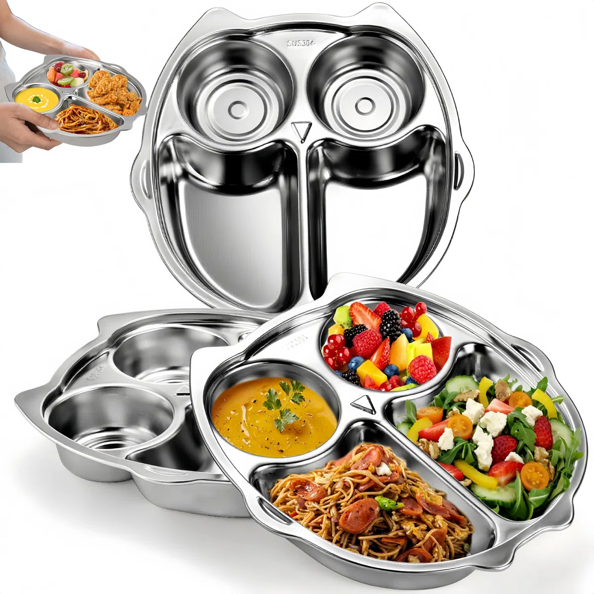 Noamus Paquete de 3 platos divididos de acero inoxidable, plato de cena 304 de 4 secciones, bandeja de control de porciones de dieta, plato de comida en forma de búho de 9 pulgadas para adultos,