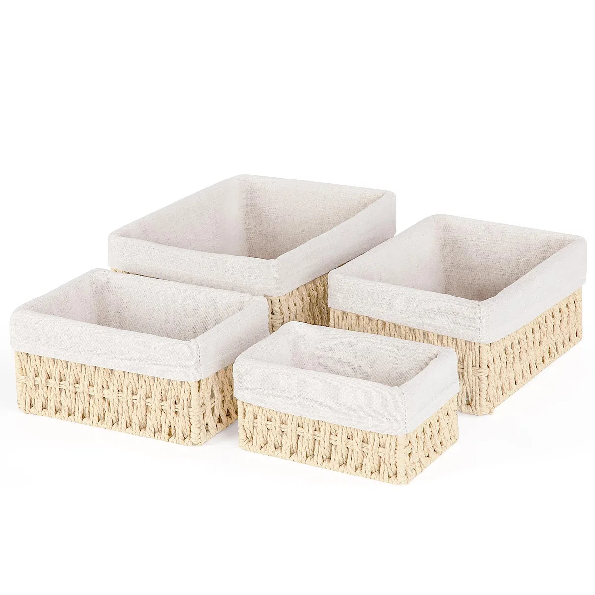 Set de 4 Cestas de Almacenaje con Forro, Cestas Tejidas de Mimbre y Yute Apilables para Baño y Cocina - Organizadores Rectangulares para Decoración del Hogar(Beige)