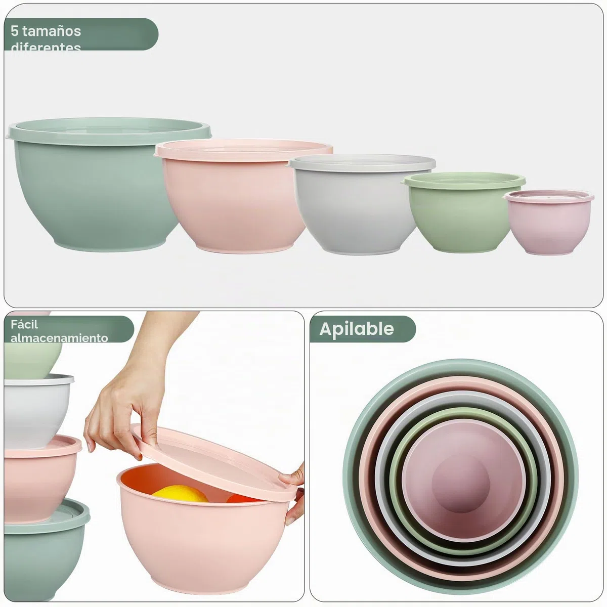 Greentainer Juego de 5 Cuencos Plástico para Mezclar con Tapas, 0.8L-4.7L, Apilables y Anidables, Sin BPA, Apto Lavavajillas y Microondas, para Frigorífico y Congelador, Multiusos Cocina（gris y rosa）